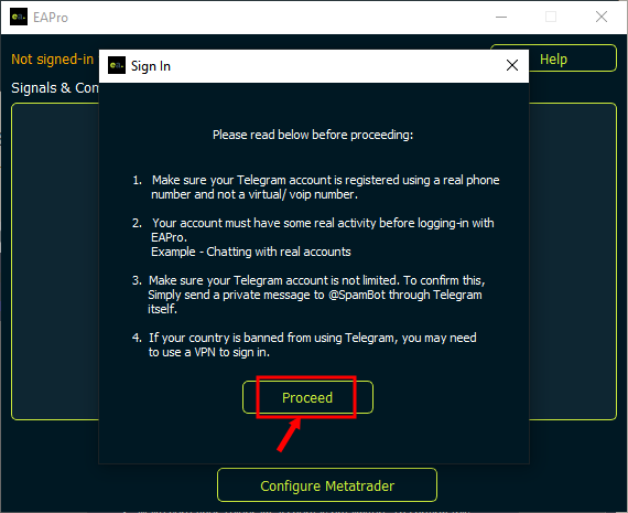 Interface of ExpertAdvisor.pro Telegram Copier Application
